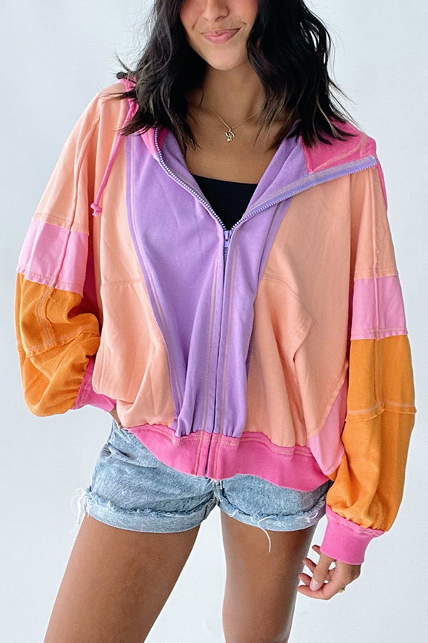Fresh Color Matching Fashionable Loose Casual Hooded Jacket-consonak
