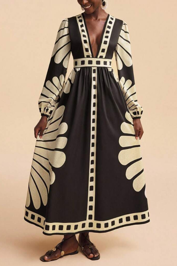 Unique Print V-Neck Long Sleeve Casual Vacation Maxi Dress