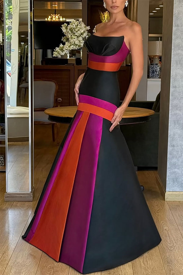 Reina Satin Color-block Strapless Fishtail Flared Hem Porm Maxi Dress-consonak