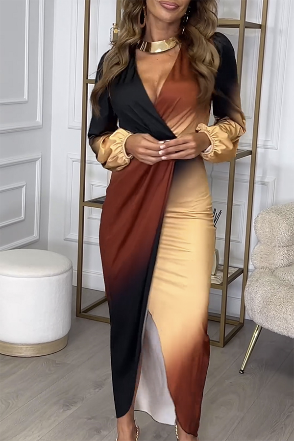 Romantic Sunset Gradient Print Ruched Balloon Sleeve Slit Maxi Dress-consonak