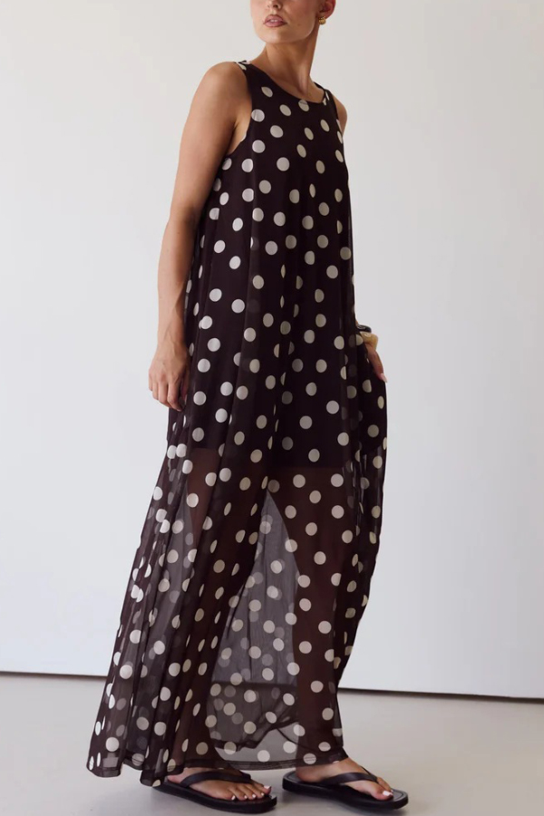 Polka Dot Print Loose Round Neck Sleeveless Mesh Casual Maxi Dress | Consonak