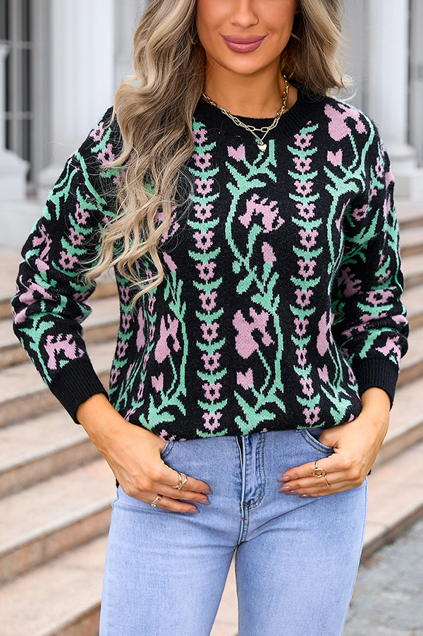 Fashionable Floral Knitted Crew Neck Casual Sweater-consonak