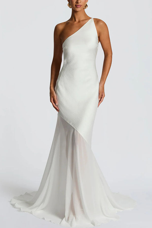Fable Satin One Shoulder Back Adjustable Straps Contrast Chiffon Hem Maxi Dress | Consonak