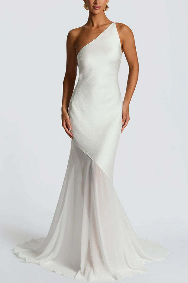 Fable Satin One Shoulder Back Adjustable Straps Contrast Chiffon Hem Maxi Dress-consonak