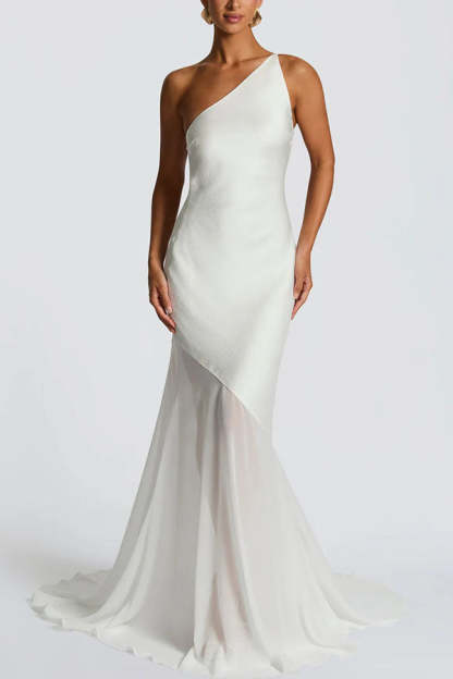 Fable Satin One Shoulder Back Adjustable Straps Contrast Chiffon Hem Maxi Dress-consonak