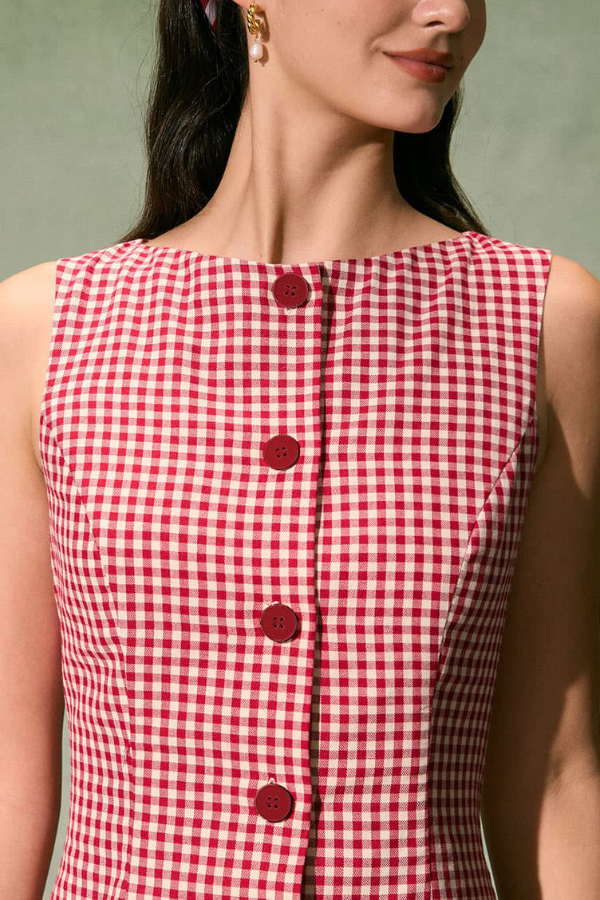 Retro Plaid Print Sleeveless Round Neck Button Casual Mini Dress | Consonak