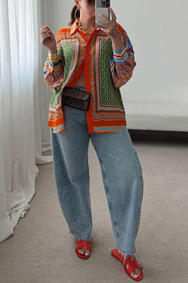 Brazil's Joyful Spirit Colorful Unique Print Balloon Sleeve Button Loose Shirt-consonak