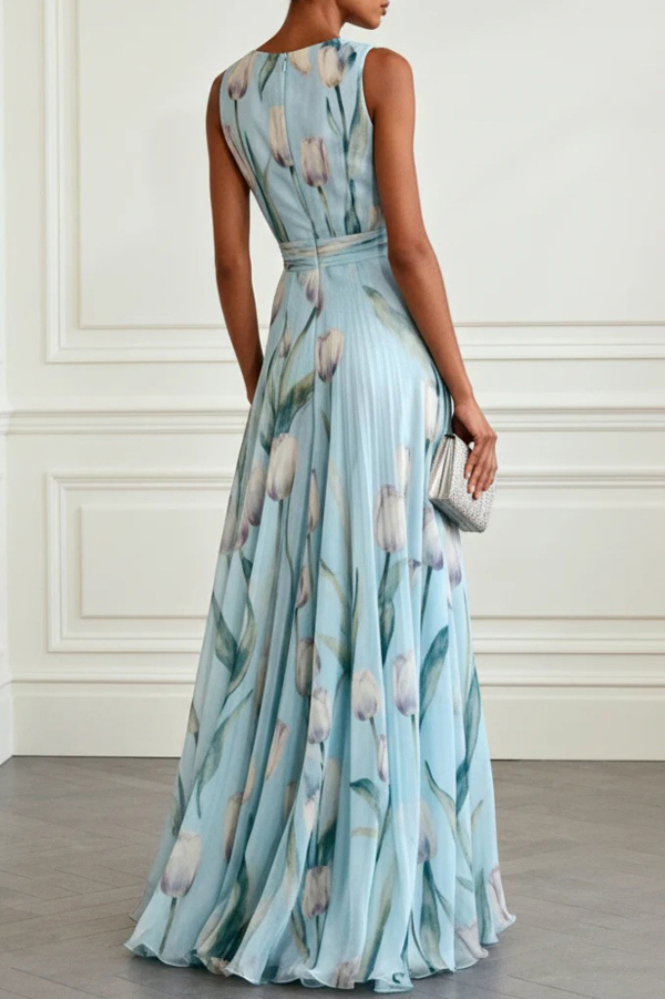Tulip Print V-Neck Sleeveless Elegant Waist-Defining Maxi Dress