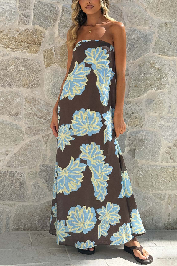 Flowers Print Sleeveless Off-shoulder Resort-style Loose Maxi Dress-consonak