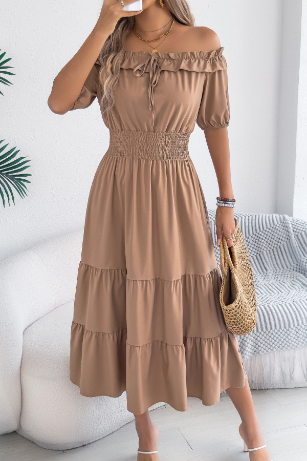 Stylish Off-shoulder Short-sleeved Pleated Waist Casual Midi Dress-consonak