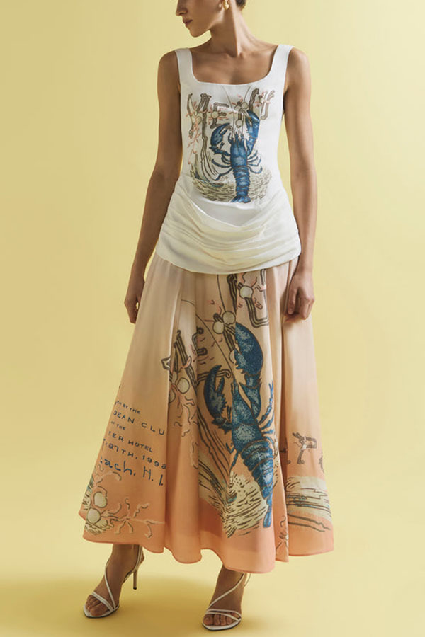 Jino Unique Lobster Print Square Neck Ruched Drape Hip Maxi Dress