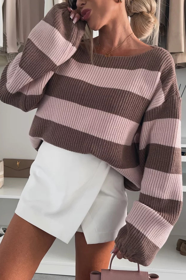 Fashion Striped Loose Long-sleeved Crew Neck Knitted Sweater-consonak