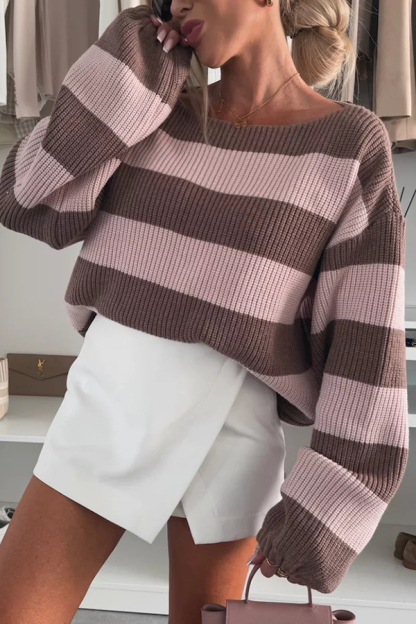 Fashion Striped Loose Long-sleeved Crew Neck Knitted Sweater-consonak