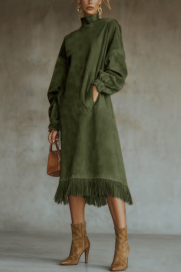 Solid Color Suede Loose Long-sleeved Casual Pocket Tassel Hem Midi Dress-consonak