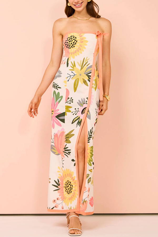 Inessa Linen Blend Floral Print Strapless Wrap Bow Maxi Dress-consonak