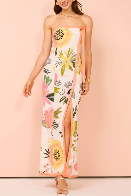 Inessa Linen Blend Floral Print Strapless Wrap Bow Maxi Dress-consonak