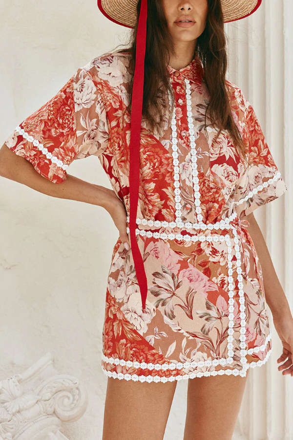 Floral Print Collared Short-sleeved Loose-fitting Shirt and Casual Floral Trim Mini Skirt Set-consonak