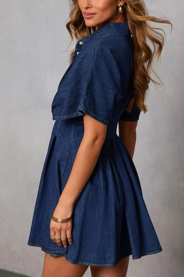 Stylish Collared Short-sleeved Fitted Waist Button-down Casual Mini Dress