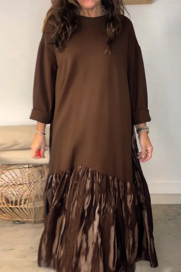 Fashionable Tie-dye Patchwork Round Neck Long Sleeve Pocket Loose Maxi Dress