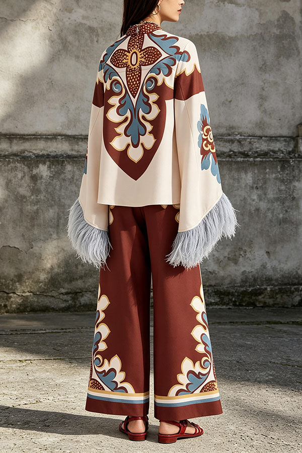 Bohemian Dreams Unique Print High Neck Feather Trim Bell Sleeve Top-Consonak