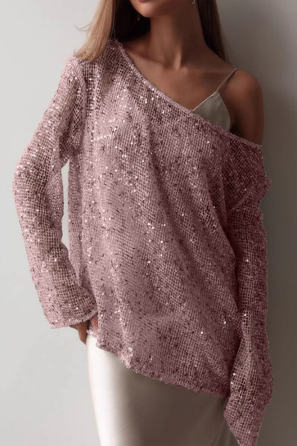 Fashionable Sequined Cutout Casual Long-sleeved Loose Cover-up Top-consonak