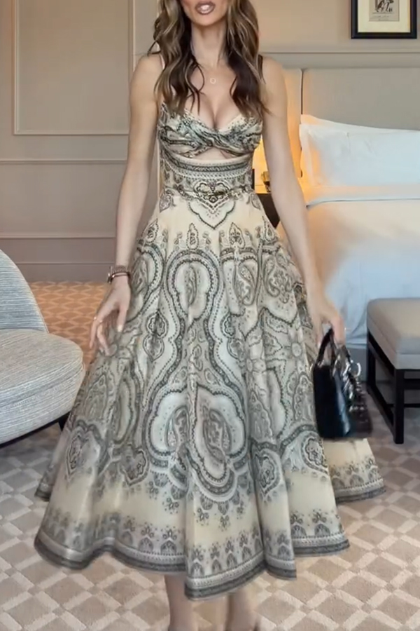 Luna Linen Blend Paisley Print Twist Back Smocked Pocket Slip Midi Dress