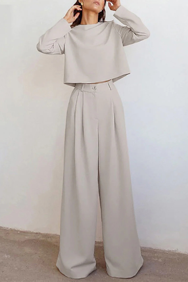 Solid Color Crew Neck Long-sleeved Cropped Top and Casual Pocket Wide-