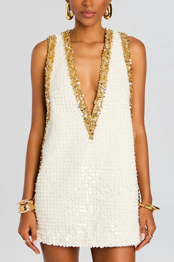 Cocktail Charm Sequin Colorblock Trim V-neck Sleeveless A-line Mini Dress-consonak