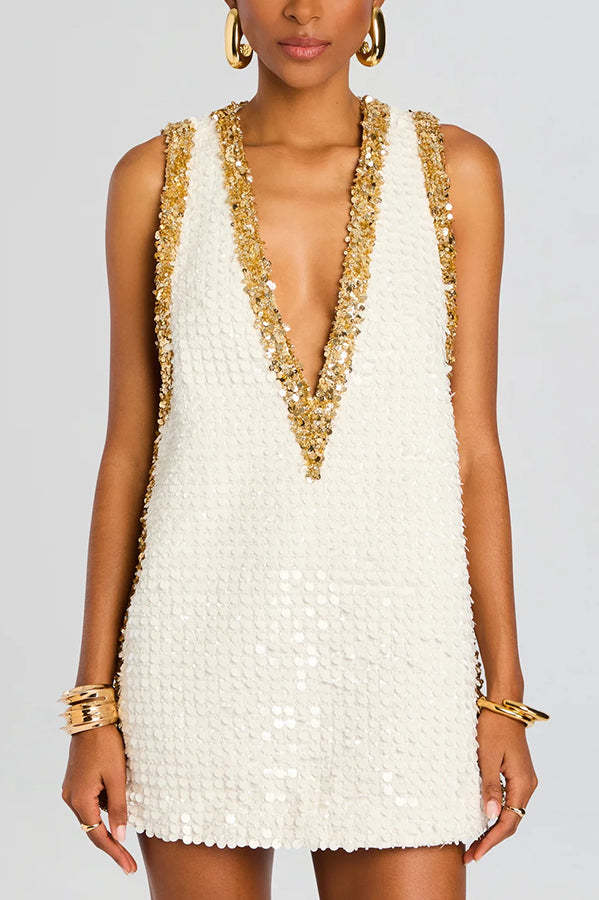 Cocktail Charm Sequin Colorblock Trim V-neck Sleeveless A-line Mini Dress-consonak