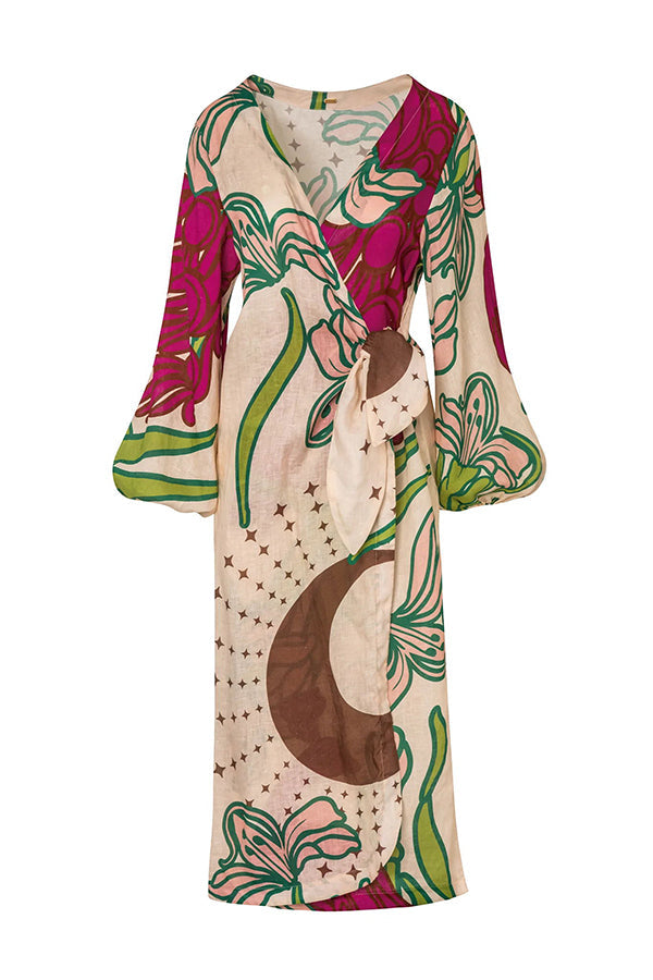 Tracey Linen Blend Unique Print Balloon Sleeve Tie-up Tunic Maxi Dress | Consonak