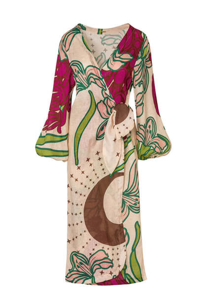 Tracey Linen Blend Unique Print Balloon Sleeve Tie-up Tunic Maxi Dress-consonak