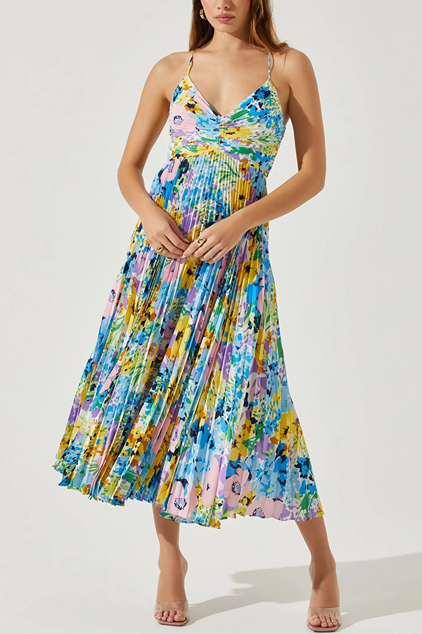 Wedding Party Season Floral Print Pleated Back Tie-up Midi Dress-consonak