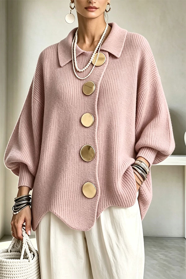 Shelia Knit Oversized Metal Buckle Balloon Sleeve Lapel Cardigan-Consonak