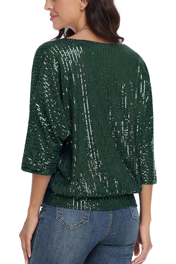 Solid Color Sequined Loose Round Neck Casual Top-consonak