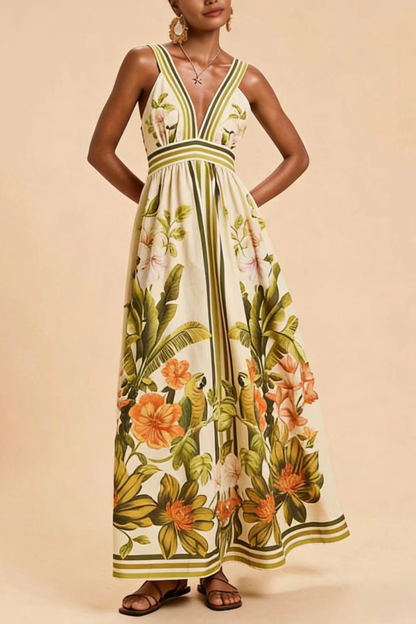 Botanical Print V-neck Backless Pleated Casual Vacation Maxi Dress
