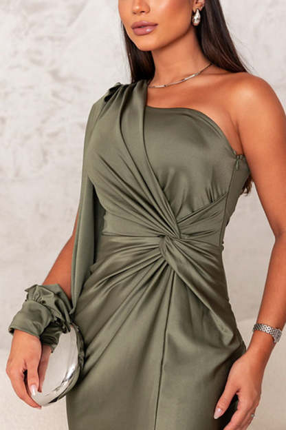 Country Party Charm Satin One Shoulder Twist Detail Slit Maxi Dress-consonak