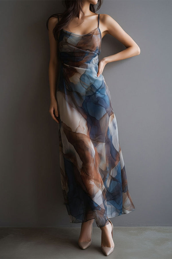 Monet's Dream Abstract Watercolor Cowl Neck Maxi Dress-Consonak