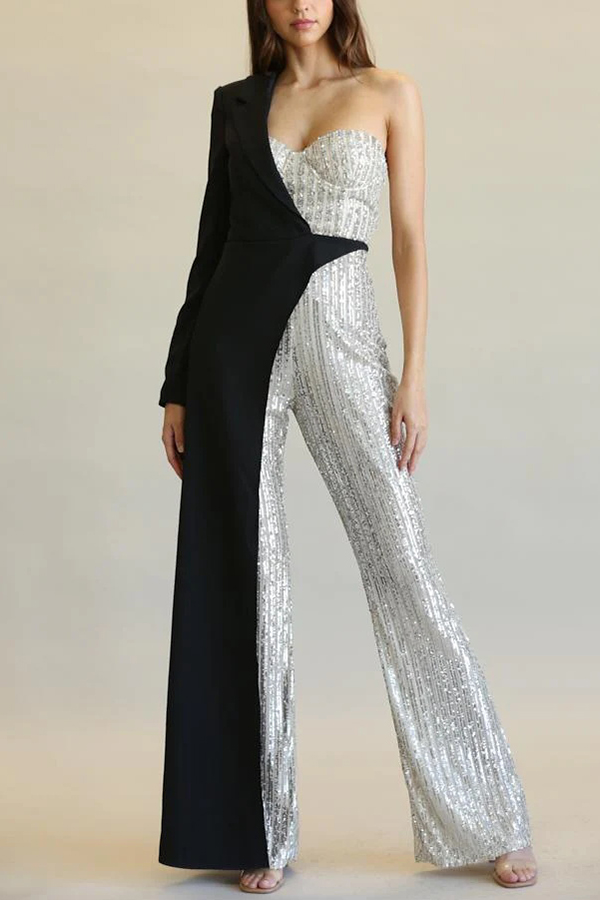 Fashionable Sequined Patchwork One-sided Long-sleeved Asymmetrical Jumpsuit-consonak