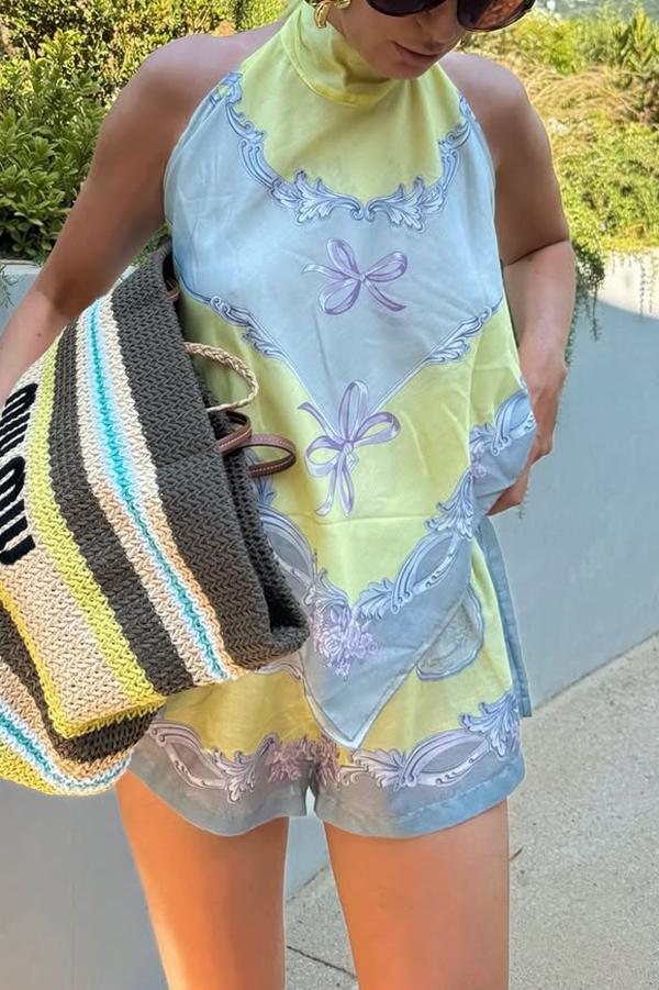 Amalfi Coast Satin Unique Print Scarf Top and Elastic Waist Pocket Loose Shorts Set | Consonak