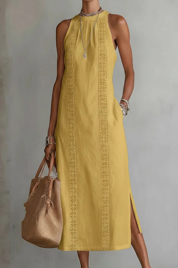 Solid Color Round Neck Sleeveless Casual Pockets Midi Dress