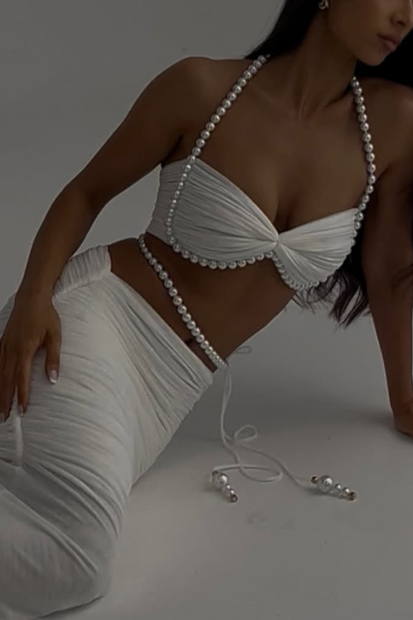 Imalia Stretch Mesh Pearl Trim Gathered Tank and  Detachable Belt Vacation Maxi Skirt Set-consonak