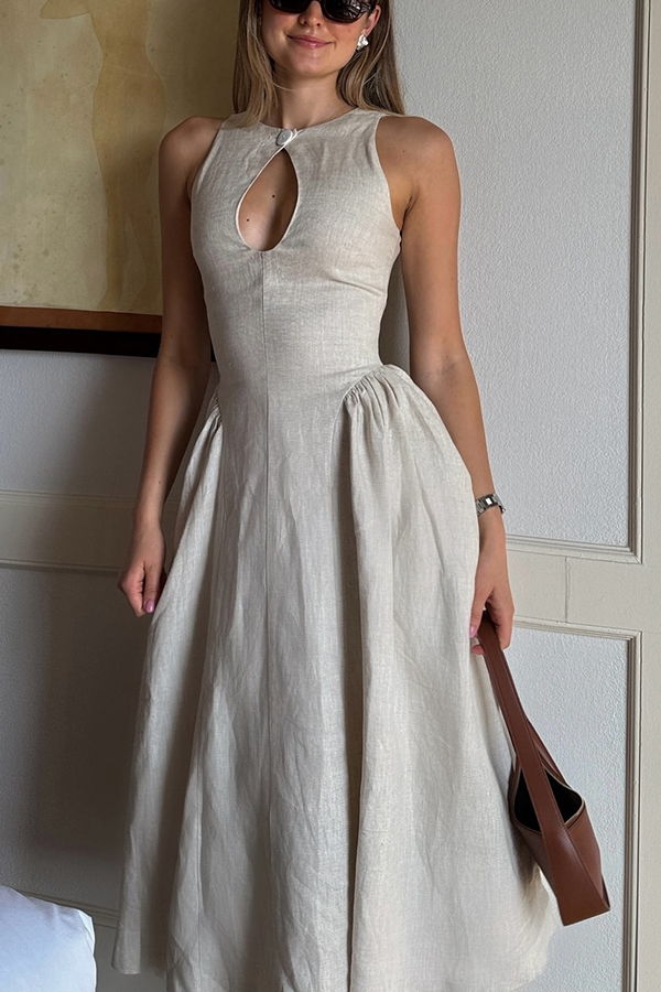 City Cutie Linen Blend Button Cutout Neck Umbrella Hem Midi Dress-consonak