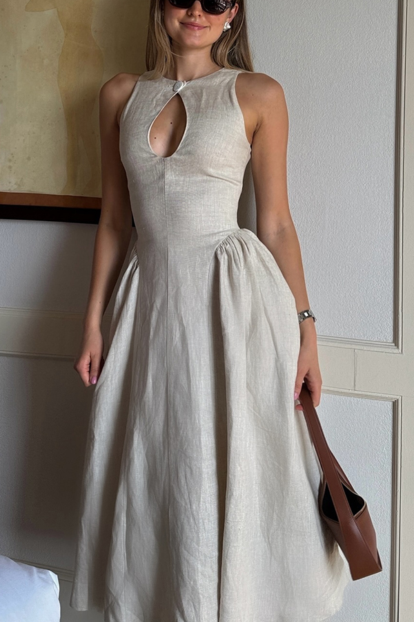 City Cutie Linen Blend Button Cutout Neck Umbrella Hem Midi Dress-consonak