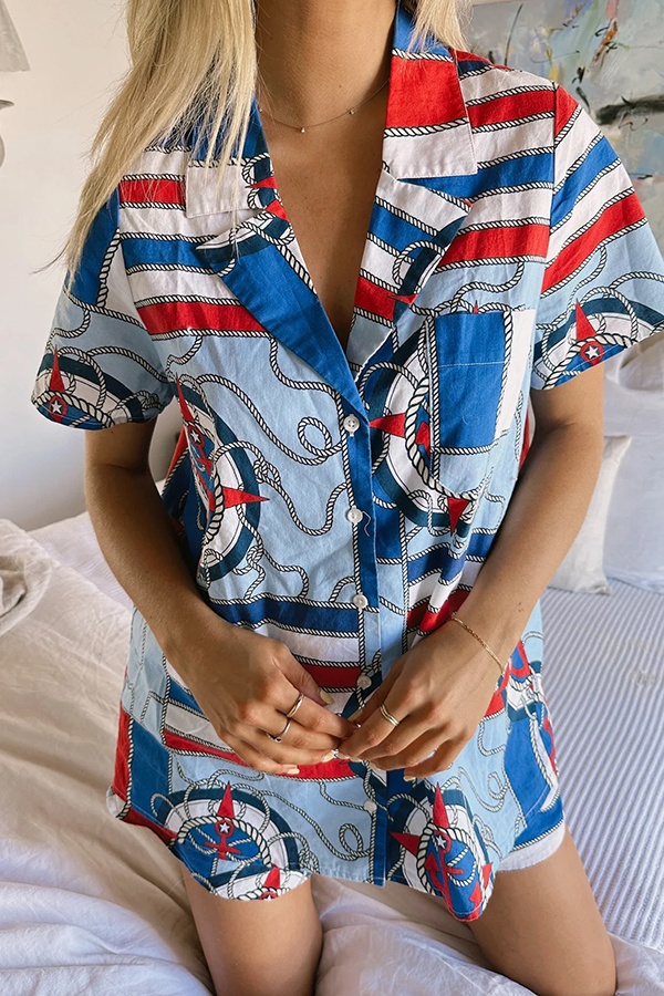 Summer Adventures Unique Print Pocket Loose Shirt and Elastic Waist Shorts PJ / Vacay Set-consonak
