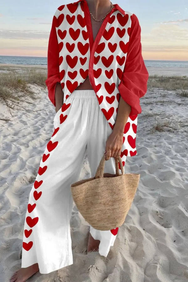 Heart-Print Loose-fitting Shirt and Elastic Waistband Pocket Pants Set
