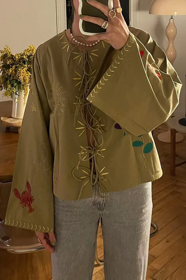 Fashionable Embroidered Lace-up Long-sleeved Loose Top-consonak