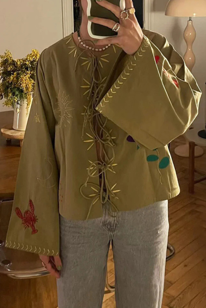 Fashionable Embroidered Lace-up Long-sleeved Loose Top-consonak