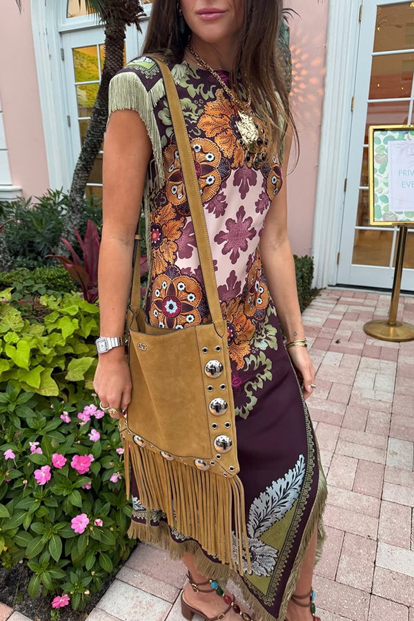 Bohemian Style Floral Print Tassel Trim Irregular Hem Slit Scarf Midi Dress | Consonak