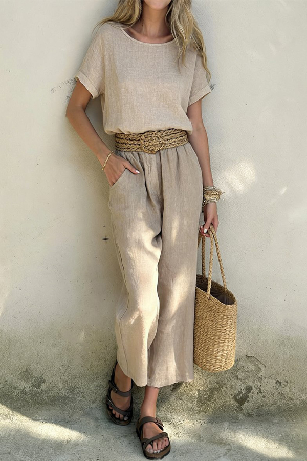 Linen Blend Crew Neck Short-sleeved Top and Elastic Waist Casual Pocket Pants Set-consonak