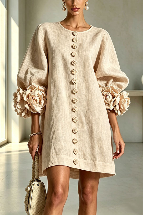 Rima Linen Blend Flowers Button Down Floral Cuffs Half Sleeve Mini Dress-Consonak